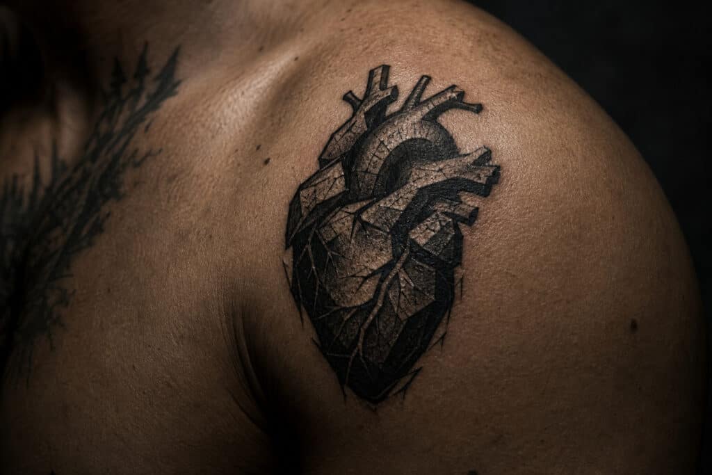 Detailed black anatomical heart tattoo on a person's shoulder, showcasing intricate line work and shading for a realistic effect.