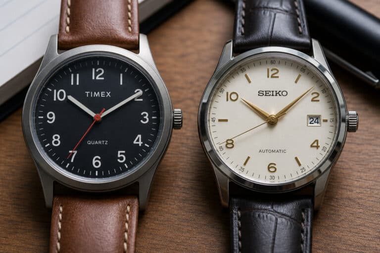 Two stylish men's watches, one Timex with a black dial and brown leather strap, and one Seiko with a white dial and black leather strap, showcasing classic design.