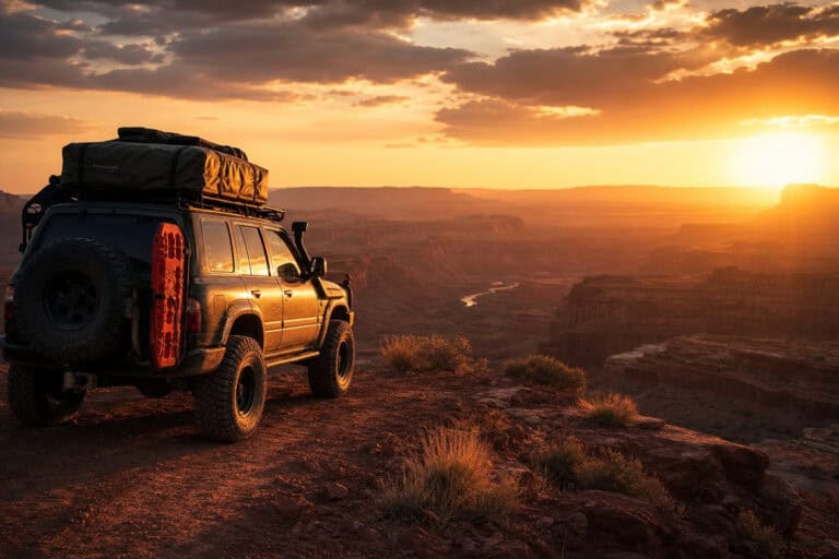 Off-road vehicle parked on a canyon rim during sunset, capturing the scenic beauty and adventure spirit of outdoor exploration.