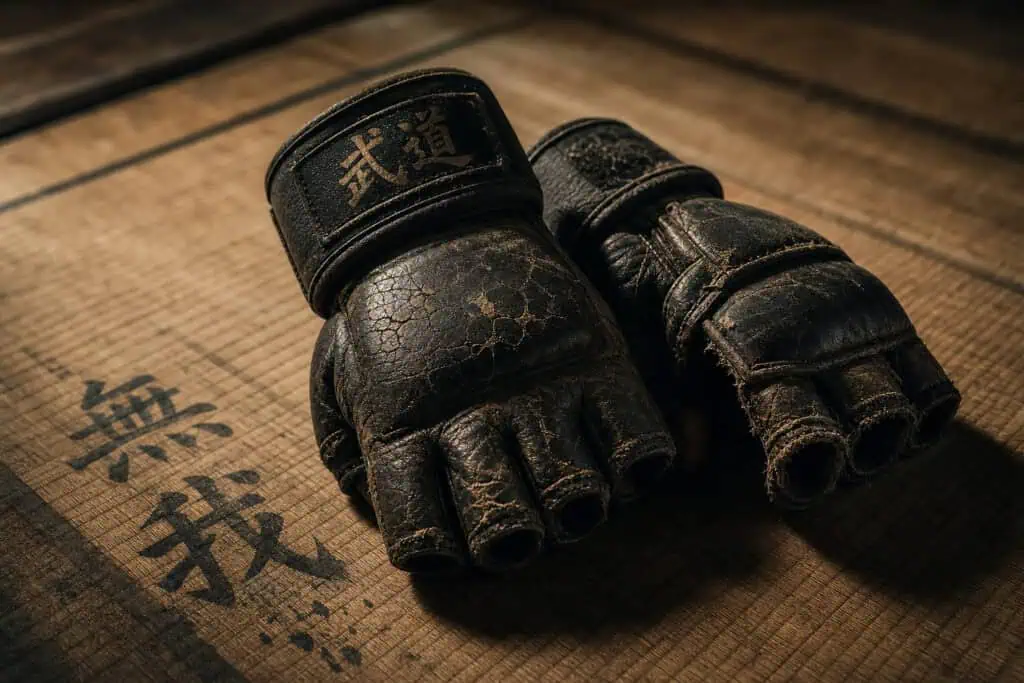 How to Be a Man: Why Kindness, Not Toughness, Is the Metric of Maturity 6 Close-up of black martial arts gloves resting on a wooden floor with Japanese characters, highlighting combat sports gear and training environment.