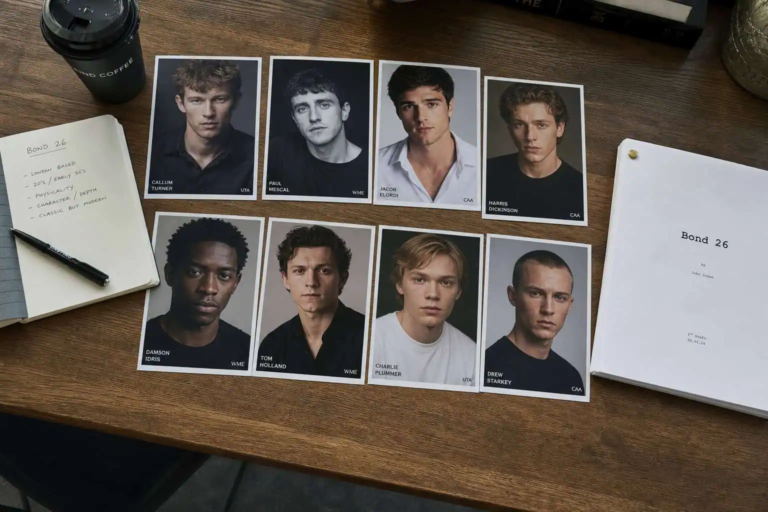 Will James Bond Return? Yes — But Not How You Think 5 Casting table with actor headshots and a 'Bond 26' script in an office setting.
