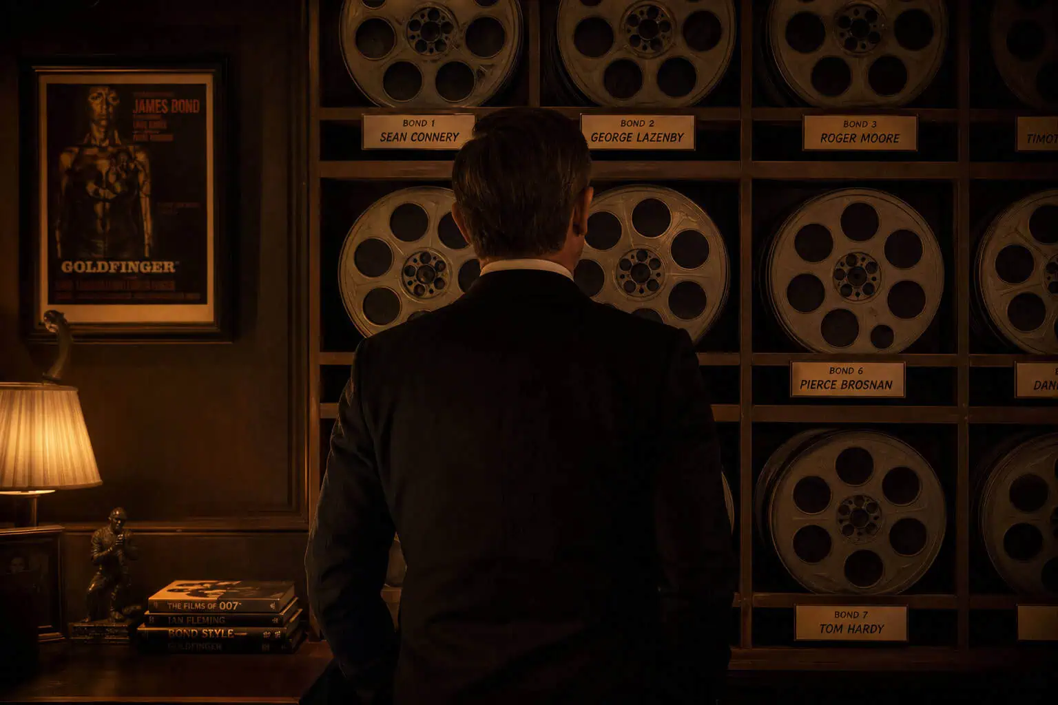 Will James Bond Return? Yes — But Not How You Think 3 Man in tuxedo facing a wall of vintage film reels labeled with Bond actor names.
