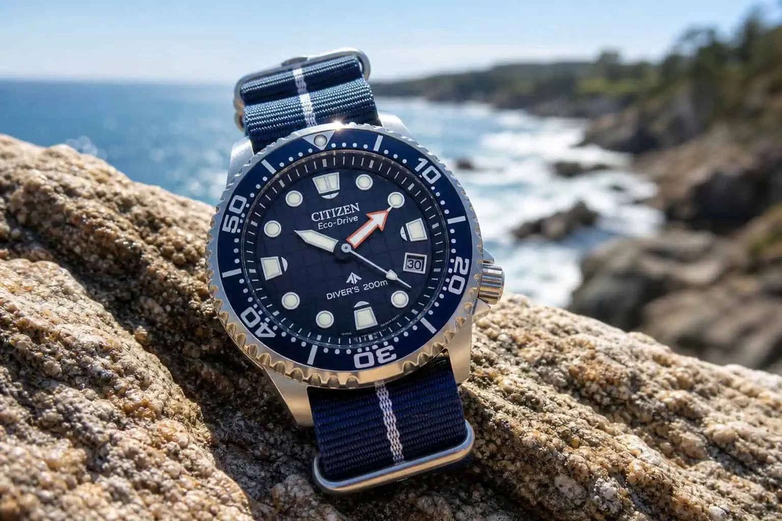 Citizen Promaster Eco-Drive solar quartz dive watch with NATO strap replacement for comfort.