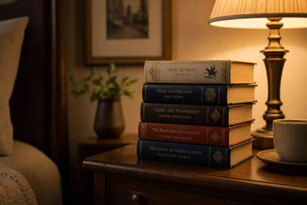 How to Be a Man: Why Kindness, Not Toughness, Is the Metric of Maturity 4 Stack of classic literature books including Don Quixote, Pride and Prejudice, Crime and Punishment, The Brothers Karamazov, and The Count of Monte Cristo on a wooden bedside table with a lamp.