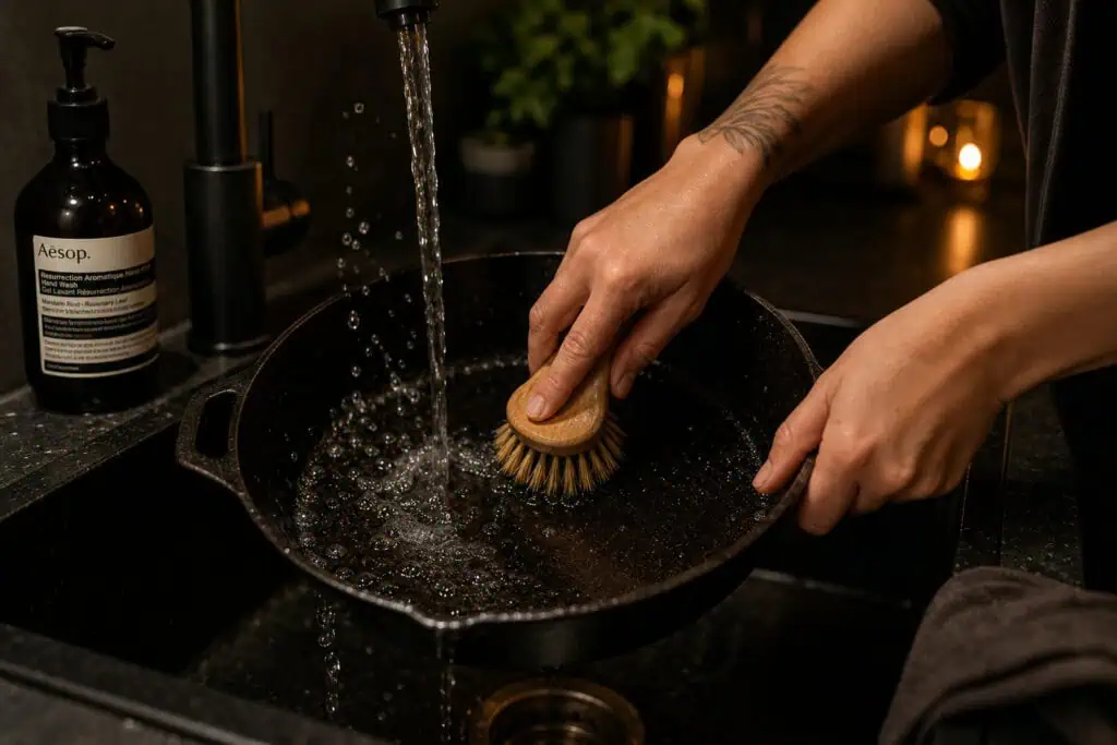 How to Be a Man: Why Kindness, Not Toughness, Is the Metric of Maturity 8 Person washing a black cast iron skillet with a brush under running water in a modern kitchen.