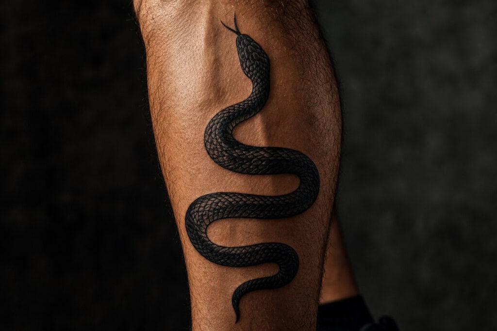 Close-up of a black snake tattoo on a person's leg, showcasing detailed scales and a coiled design.