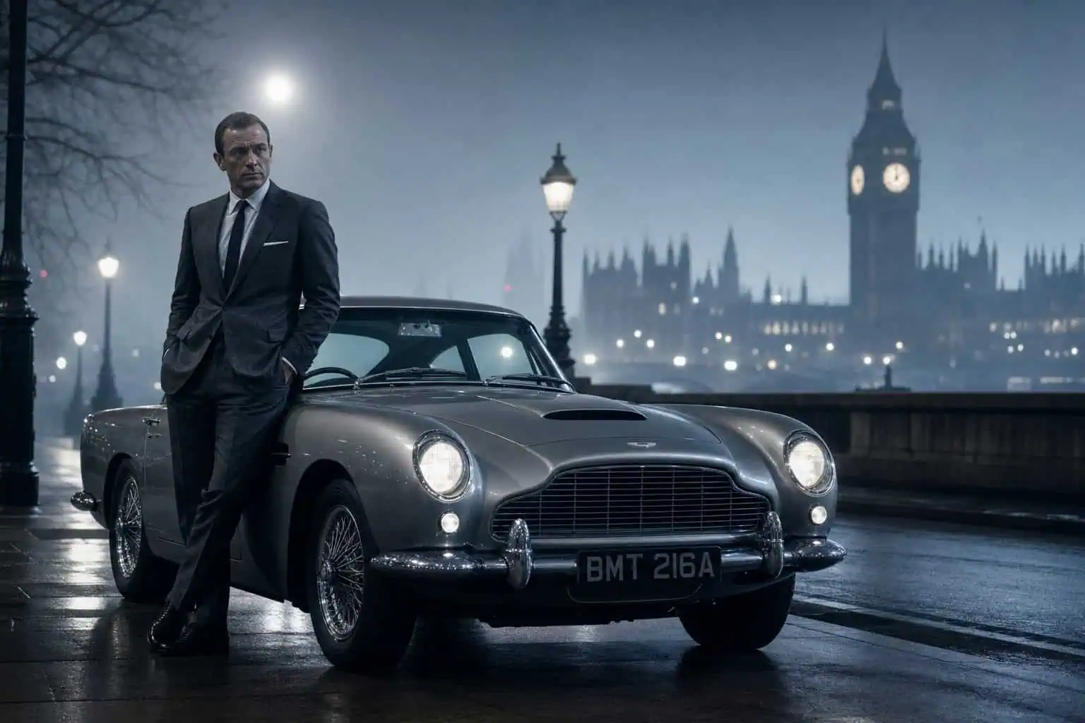 Will James Bond Return? Yes — But Not How You Think 7 Man in 1960s suit beside a vintage Aston Martin DB5 on a foggy London street at night.