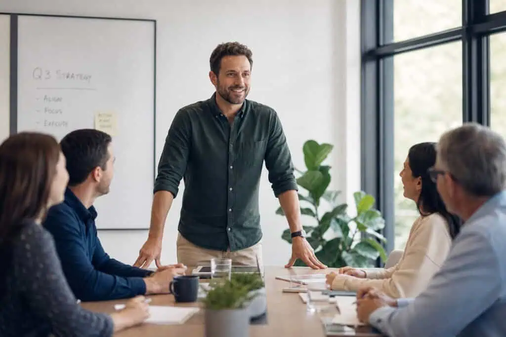 How to Be a Man: Why Kindness, Not Toughness, Is the Metric of Maturity 9 Business team engaged in a meeting in a bright, modern conference room with large windows, discussing strategies and collaborating on a project.