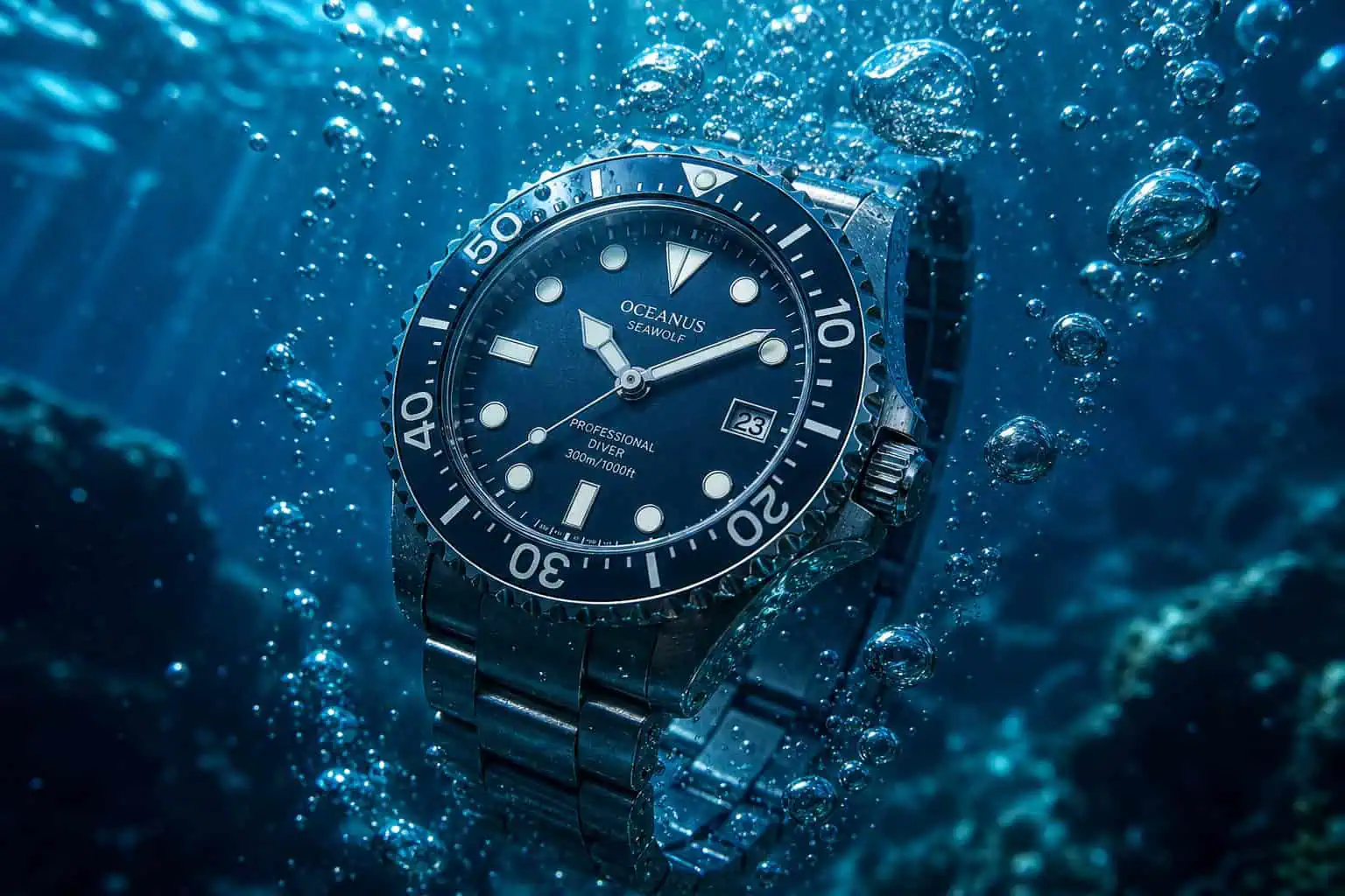 Diver's watch underwater with bubbles and rotating bezel visible, demonstrating water resistance in real conditions.