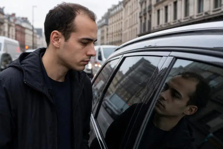 Young man with dark hair and casual clothing observing his reflection on a black car window in an urban setting.