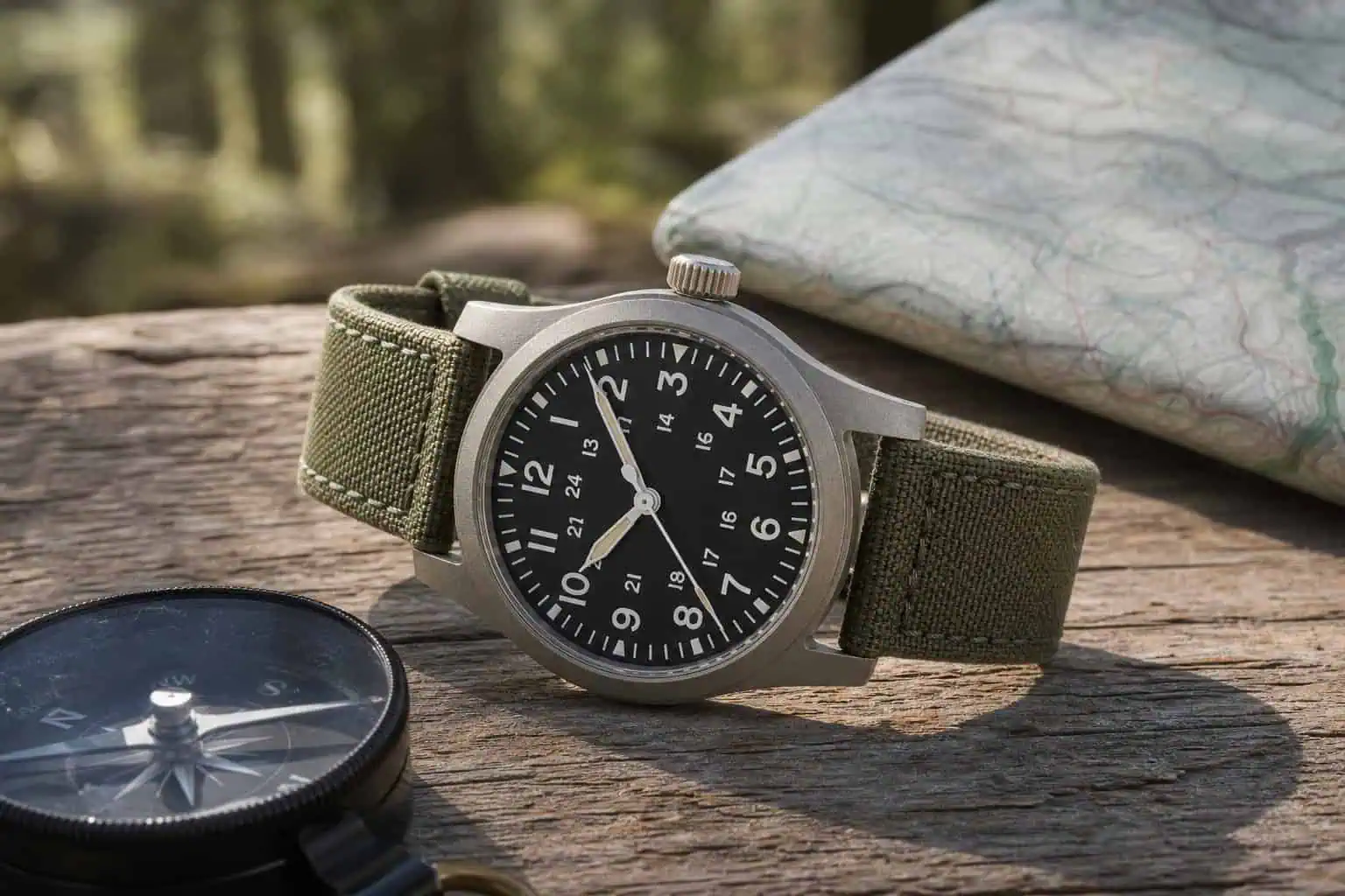 Field watch with black dial and canvas strap next to a compass and map outdoors.