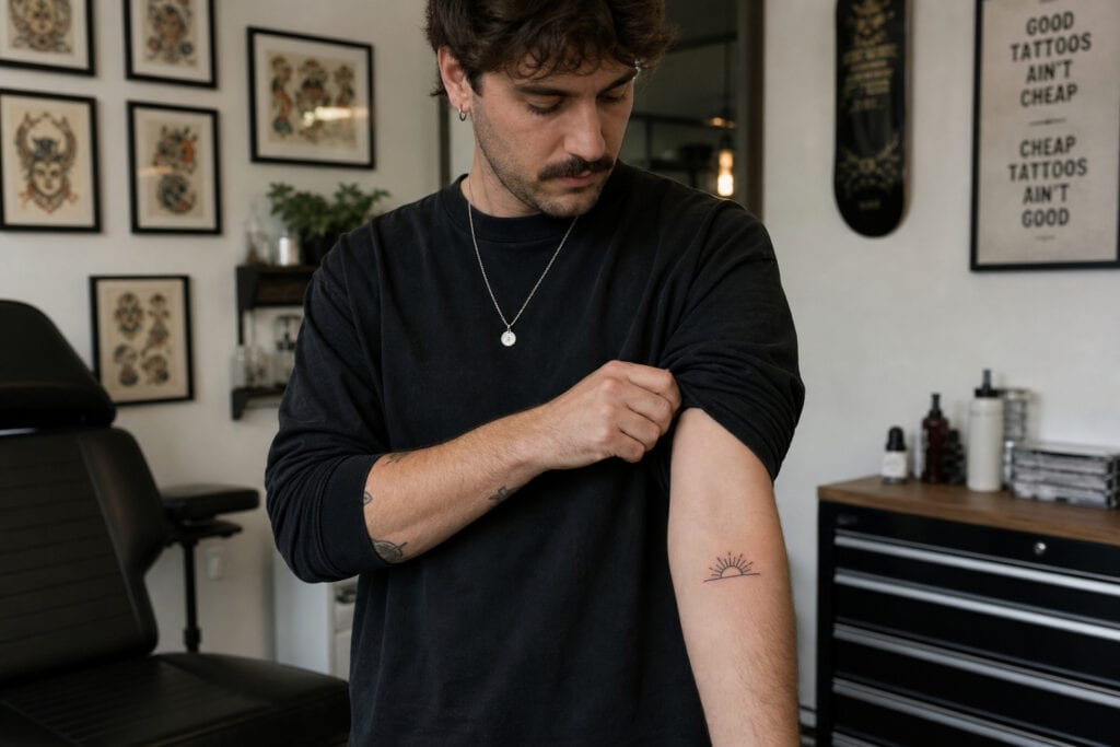 Young man with dark hair and mustache displaying a small tattoo on his arm in a tattoo studio with framed artwork on the wall.