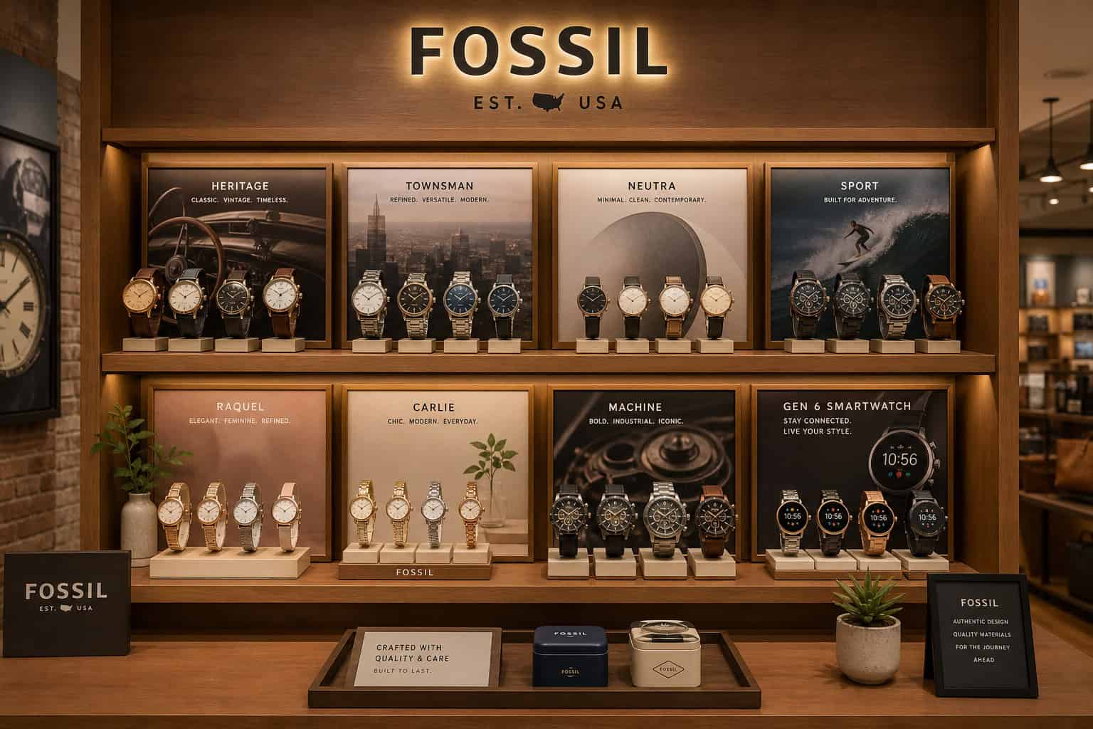 Fossil watch display with multiple collections on wooden shelves in warm retail lighting.