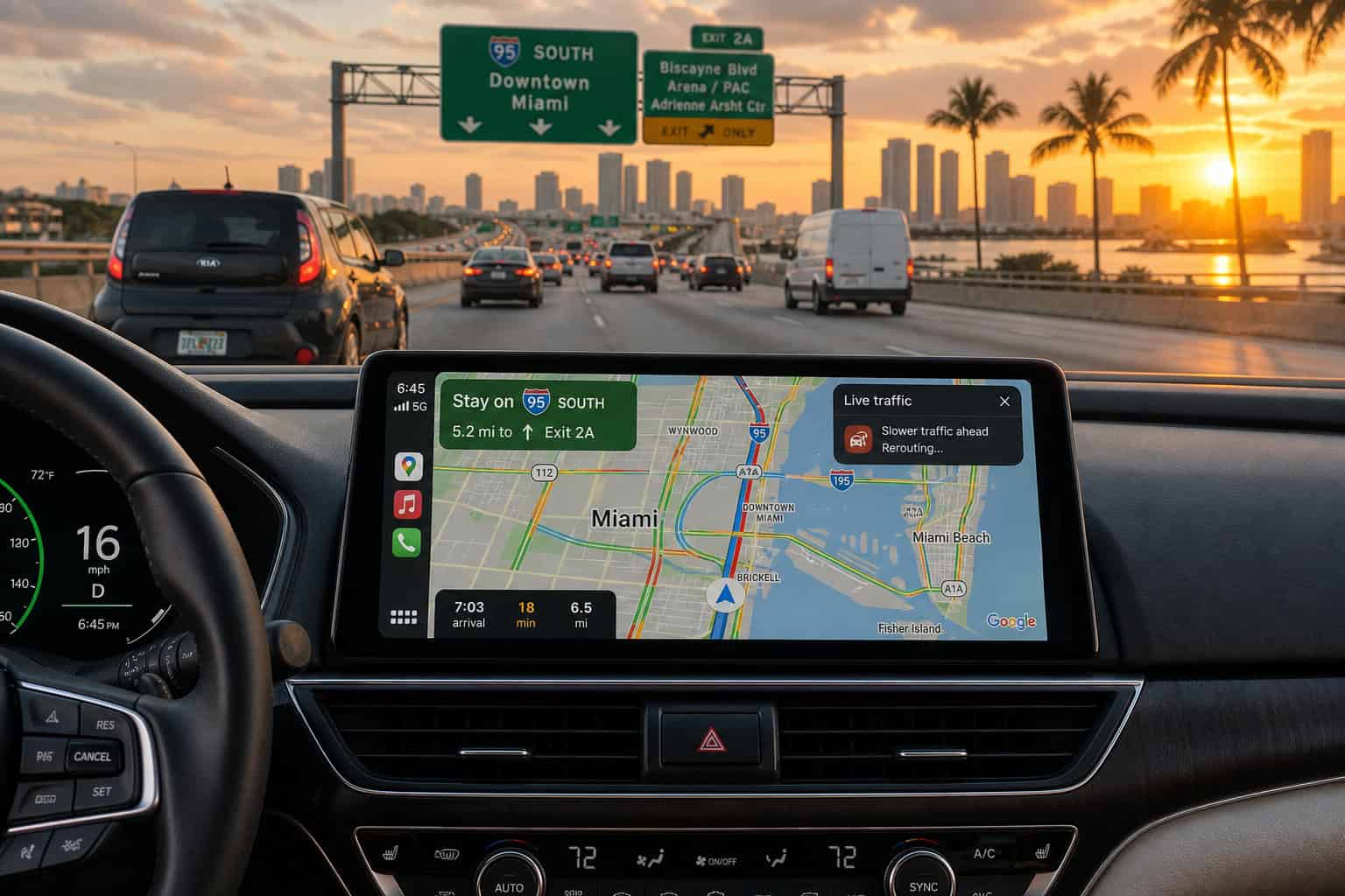 Car dashboard with Google Maps showing live traffic rerouting on a Miami highway.