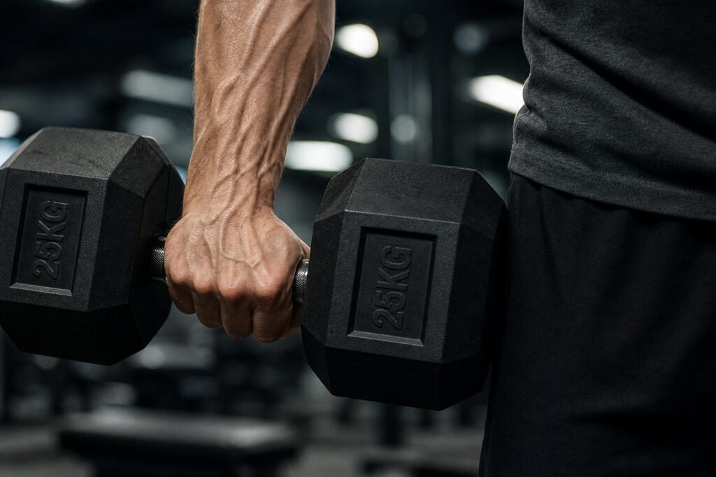 What Are Manly Hands? The Science of Digit Ratio and Why Your Hands Are Fine 7 Close-up of a man lifting a 25kg dumbbell in a gym setting, showcasing strength and fitness training.