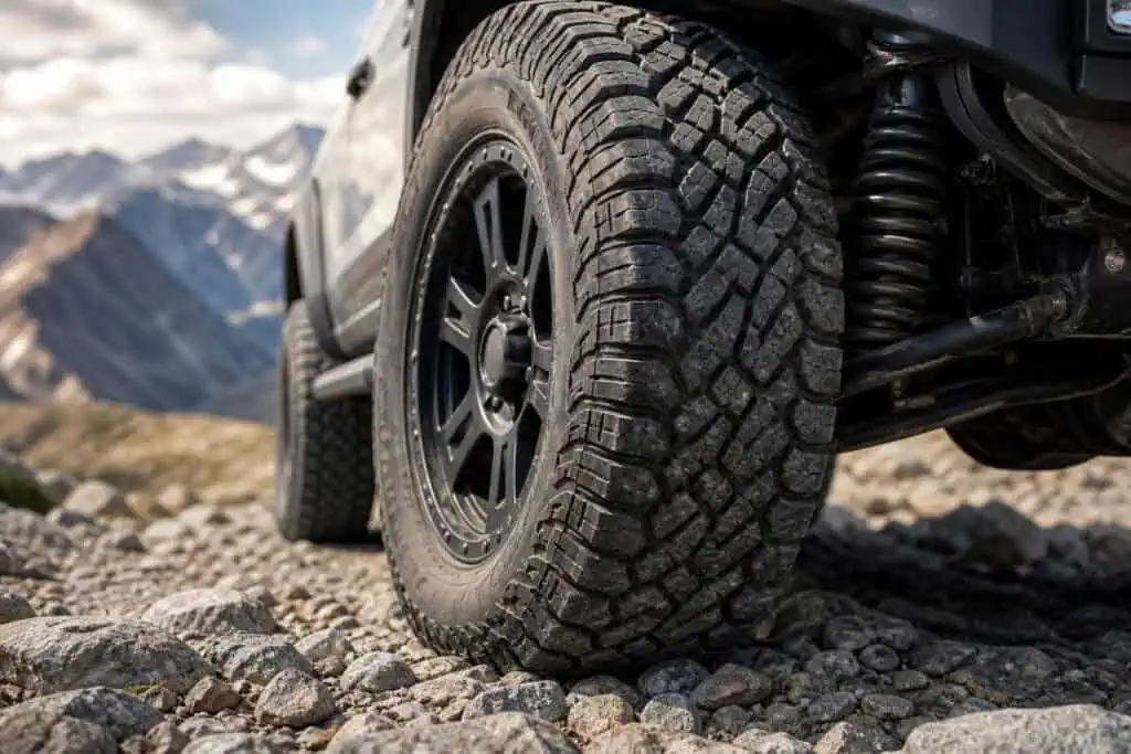 Close-up of rugged off-road tire on rocky mountain trail, showcasing durable tread suitable for challenging terrains and outdoor adventures.