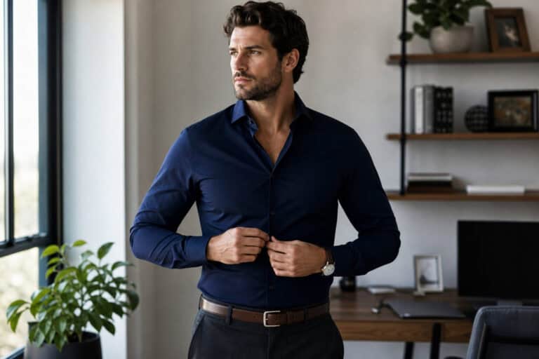 Confident man in a navy blue shirt standing in modern office with plants and shelves.