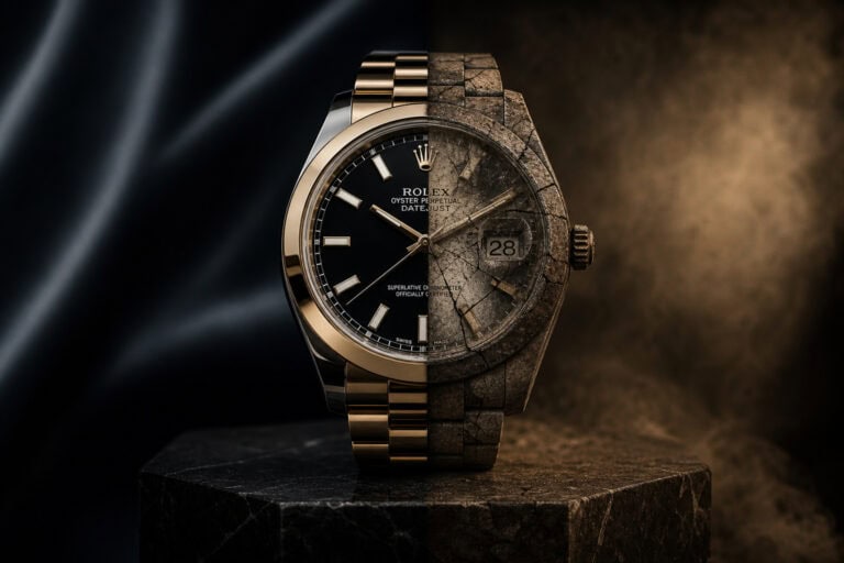Close-up of a luxury Rolex watch showcasing a split design with one half polished metal and the other textured stone, highlighting craftsmanship and elegance.