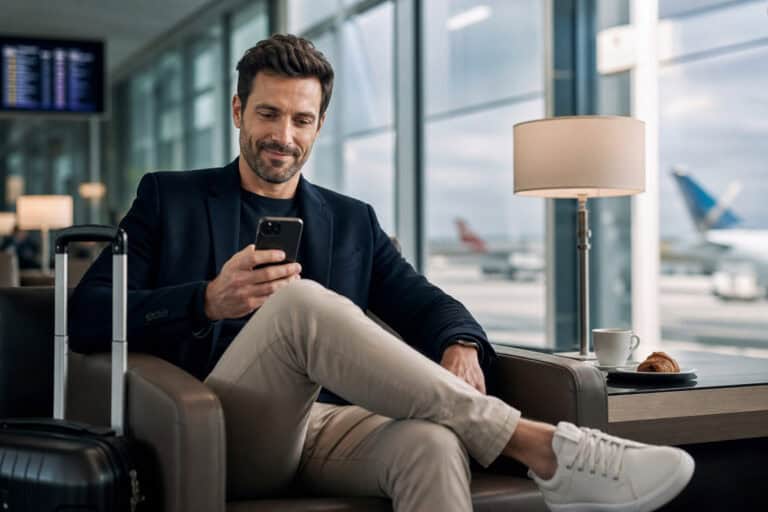 Man sitting in airport lounge using smartphone, with luggage and a coffee cup nearby, waiting for his flight in a modern airport terminal.
