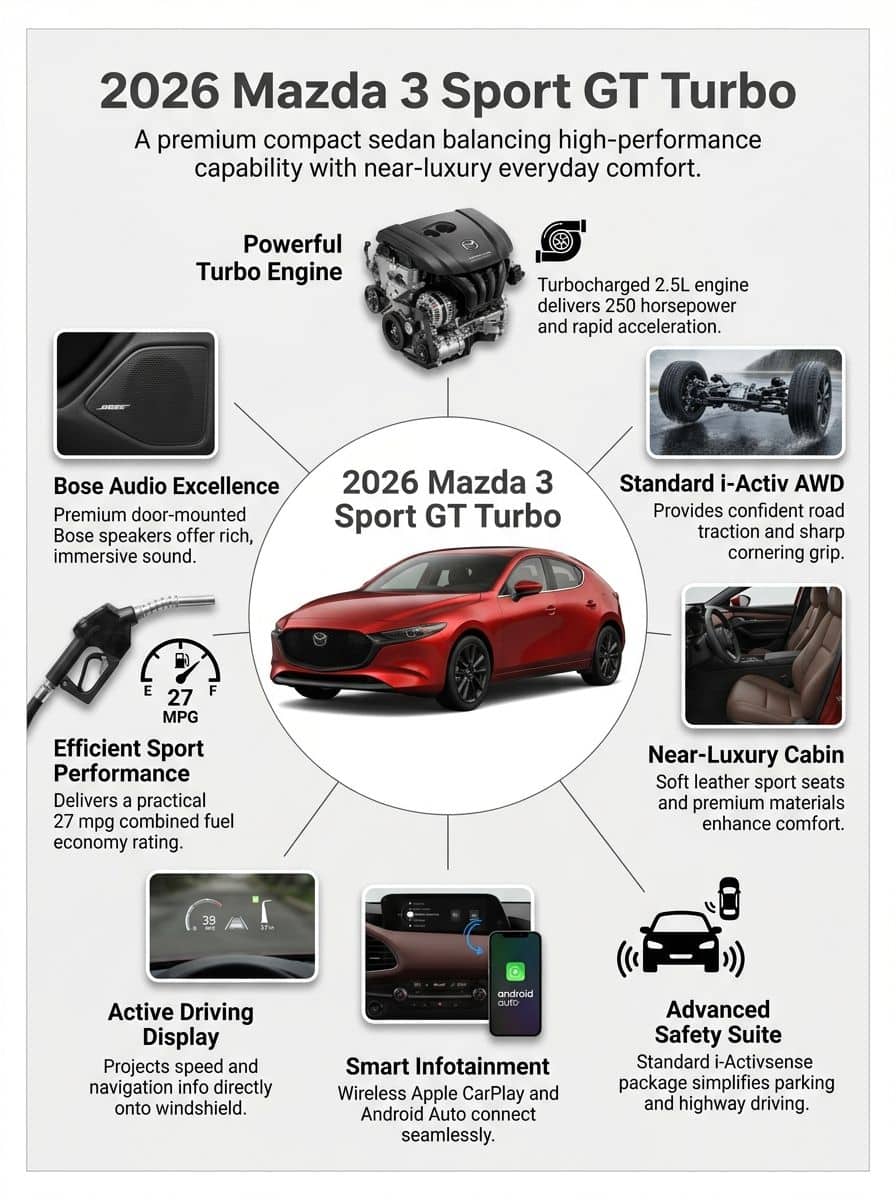 2026 Mazda 3 Sport GT Turbo showcasing sleek red design, advanced safety features, and innovative infotainment system for high-performance driving.