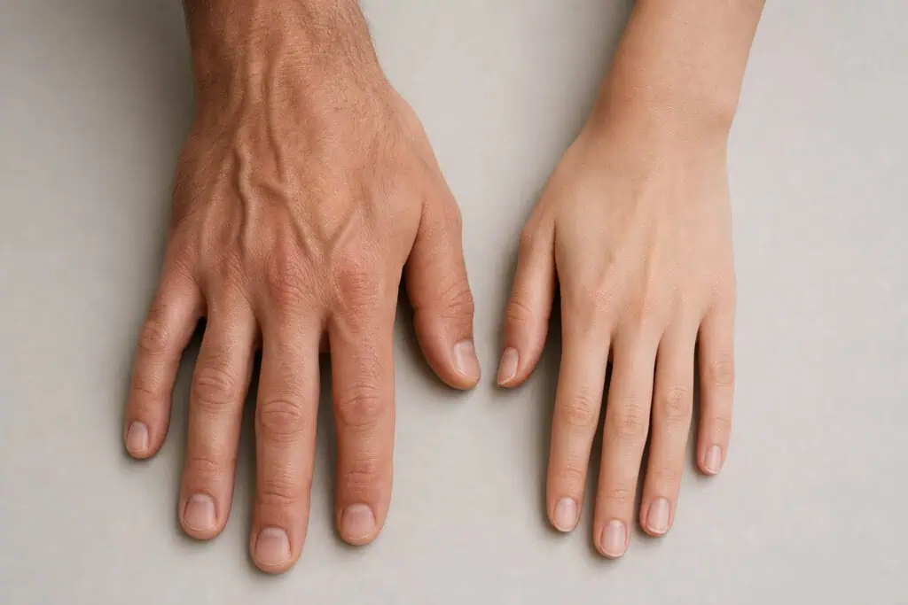What Are Manly Hands? The Science of Digit Ratio and Why Your Hands Are Fine 2 Close-up of two hands, one older and one younger, placed side by side on a neutral background, highlighting age differences.