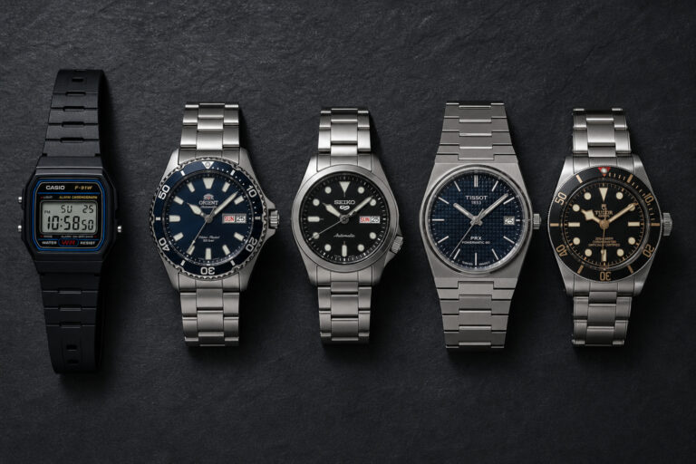 A lineup of five diverse wristwatches showcasing digital, dive, and dress styles on a dark background.