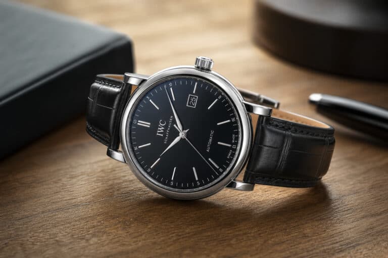 Close-up of a sophisticated IWC automatic wristwatch with black dial and leather strap, placed on a wooden desk with a notebook and pen nearby.