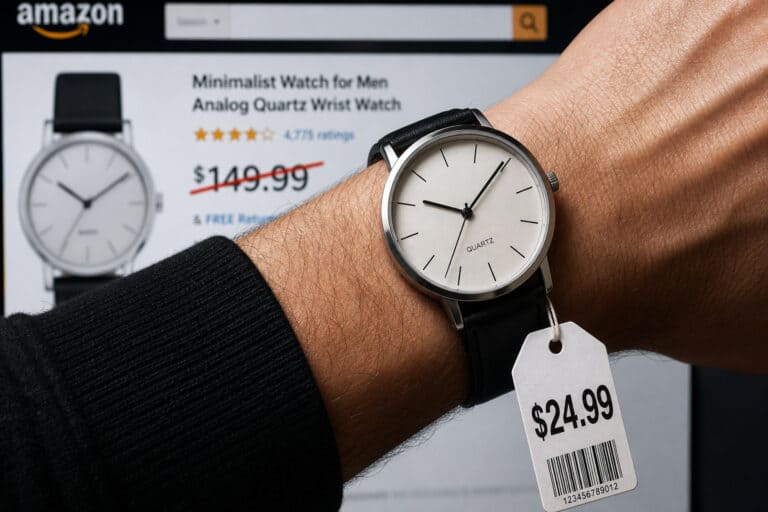 Close-up of a minimalist men's quartz wrist watch with black strap and white dial, displayed on a person's wrist against an Amazon product page background.