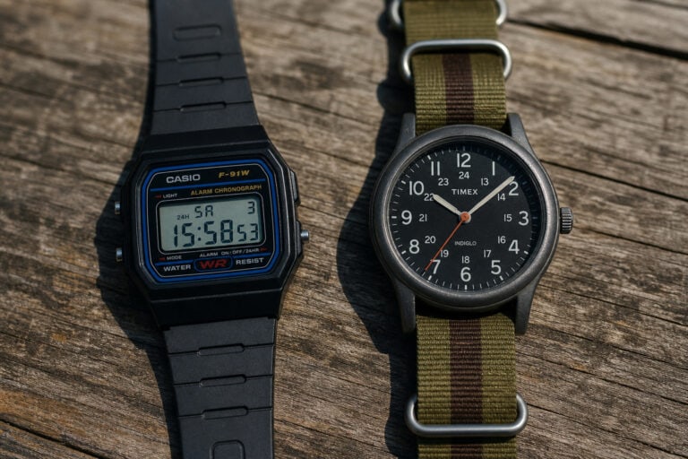 Two wristwatches, a Casio digital and a Timex analog, placed on a rustic wooden surface, showcasing different styles of timepieces.