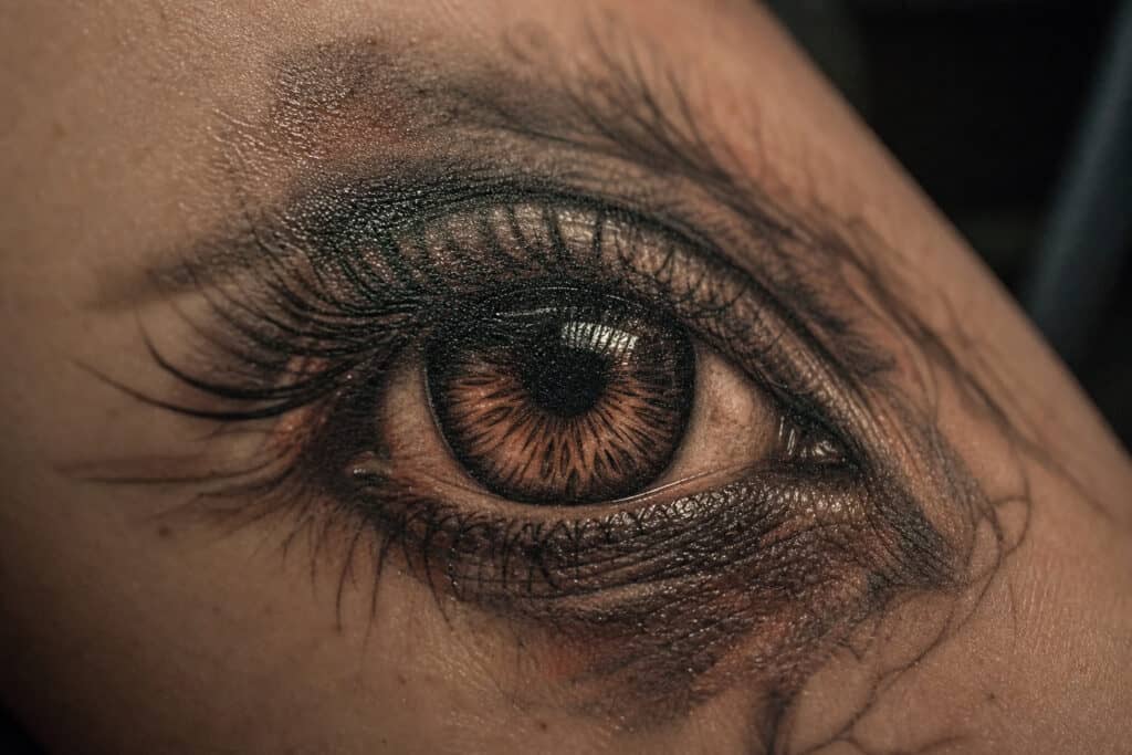 Detailed close-up of a human eye with brown iris, long eyelashes, and eye makeup, highlighting eye beauty and makeup artistry.