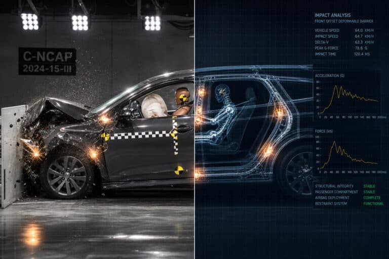 Side view of a crash test car undergoing safety evaluation with crash dummies inside, detailed impact data displayed on a digital screen, highlighting vehicle safety features.