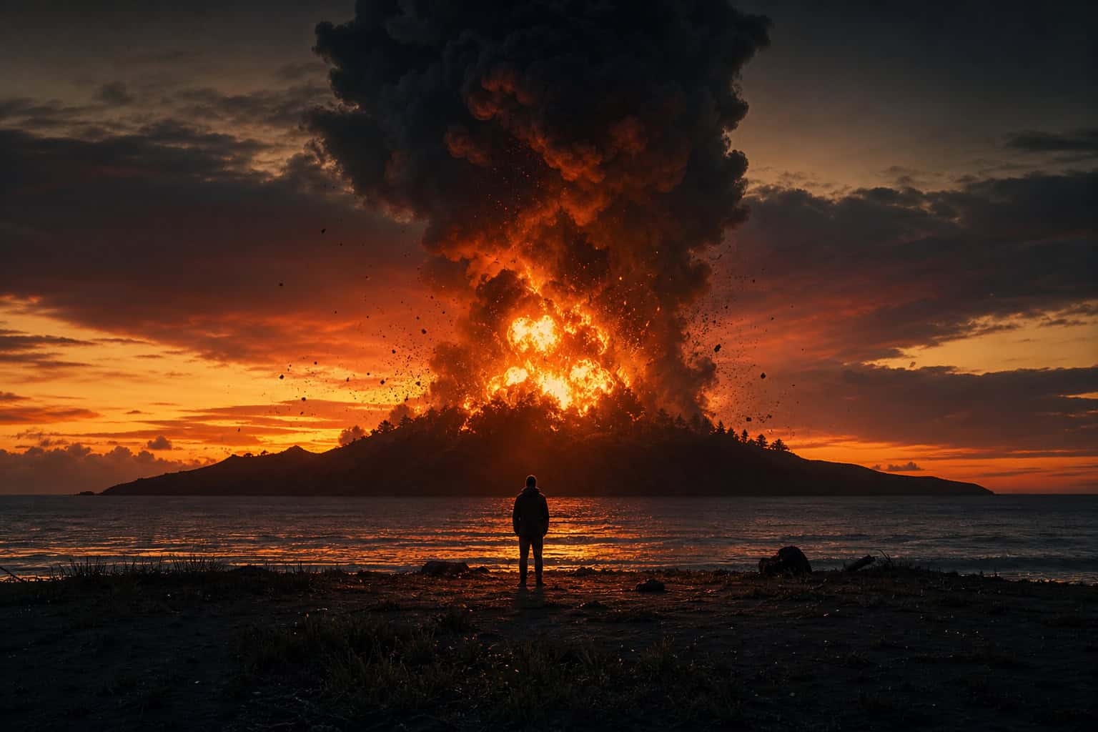 Will James Bond Return? Yes — But Not How You Think 2 Explosion on a remote island with a silhouetted figure in the foreground at dusk.