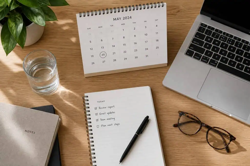 How to Be a Man: Why Kindness, Not Toughness, Is the Metric of Maturity 7 Organized workspace featuring a May 2024 calendar, a glass of water, a notebook with a to-do list, a laptop, and reading glasses on a wooden desk, ideal for productivity and planning.