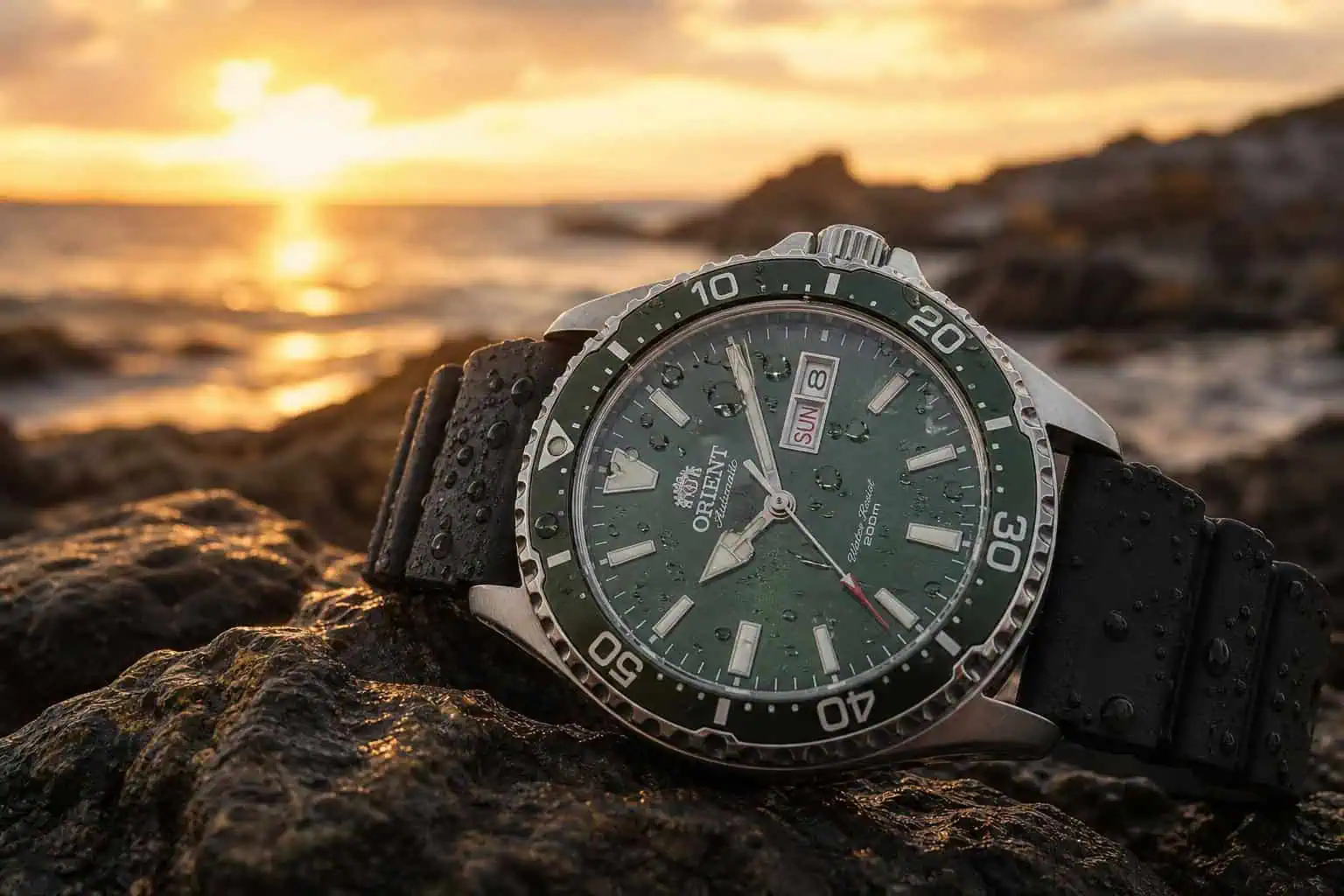 Close-up of a Seiko dive watch with a black strap on rocks during sunset, highlighting its green dial and rotating bezel.