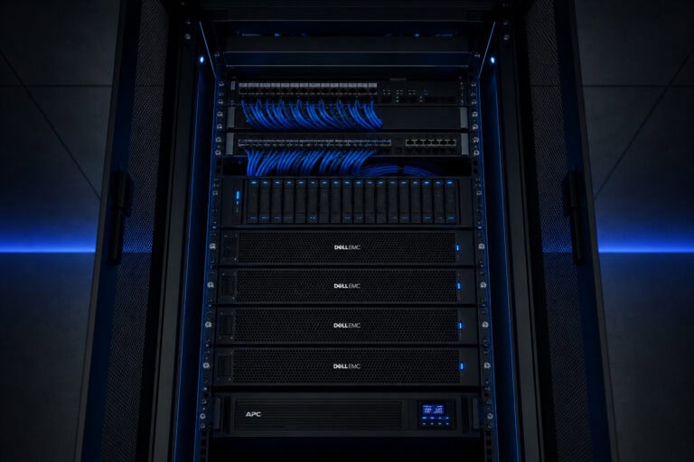 Modern server rack featuring blue network cables and server hardware, ideal for data centers and IT infrastructure.