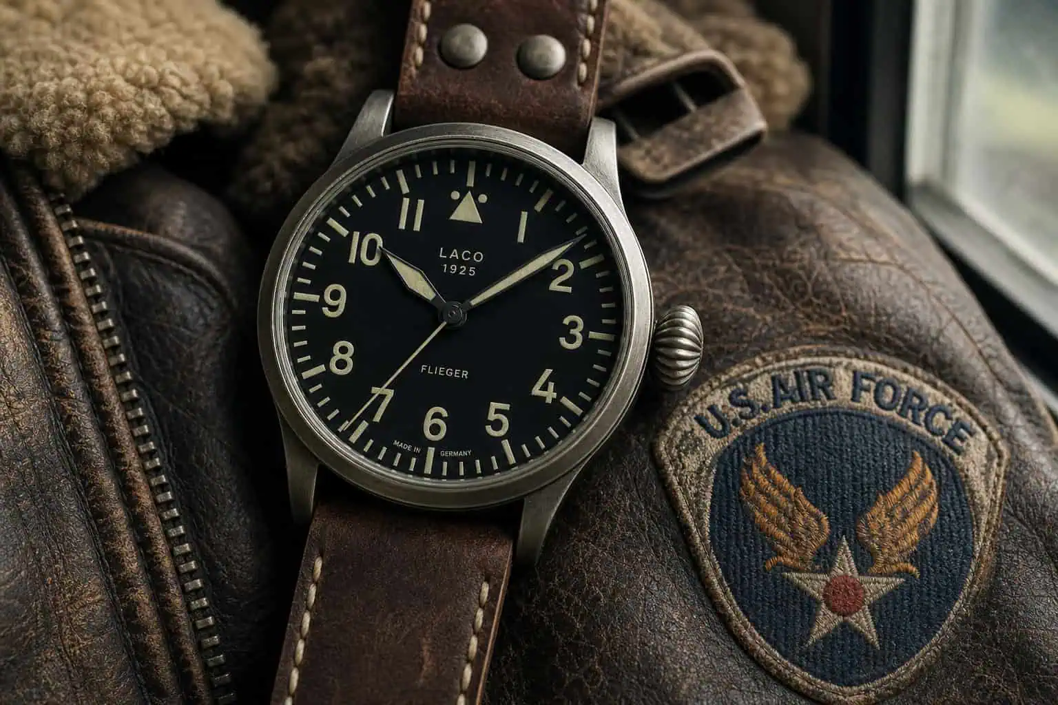 Vintage pilot's flieger watch with luminous numerals and onion crown on leather strap against flight jacket.