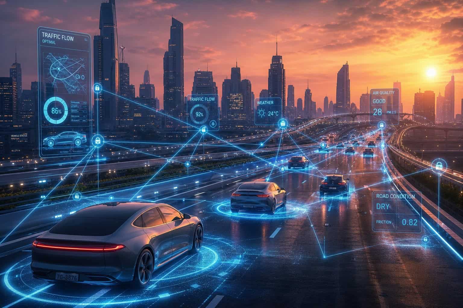 Predictive interconnected infrastructure allows vehicle-to-vehicle data sharing to anticipate hazards before they are visible.
