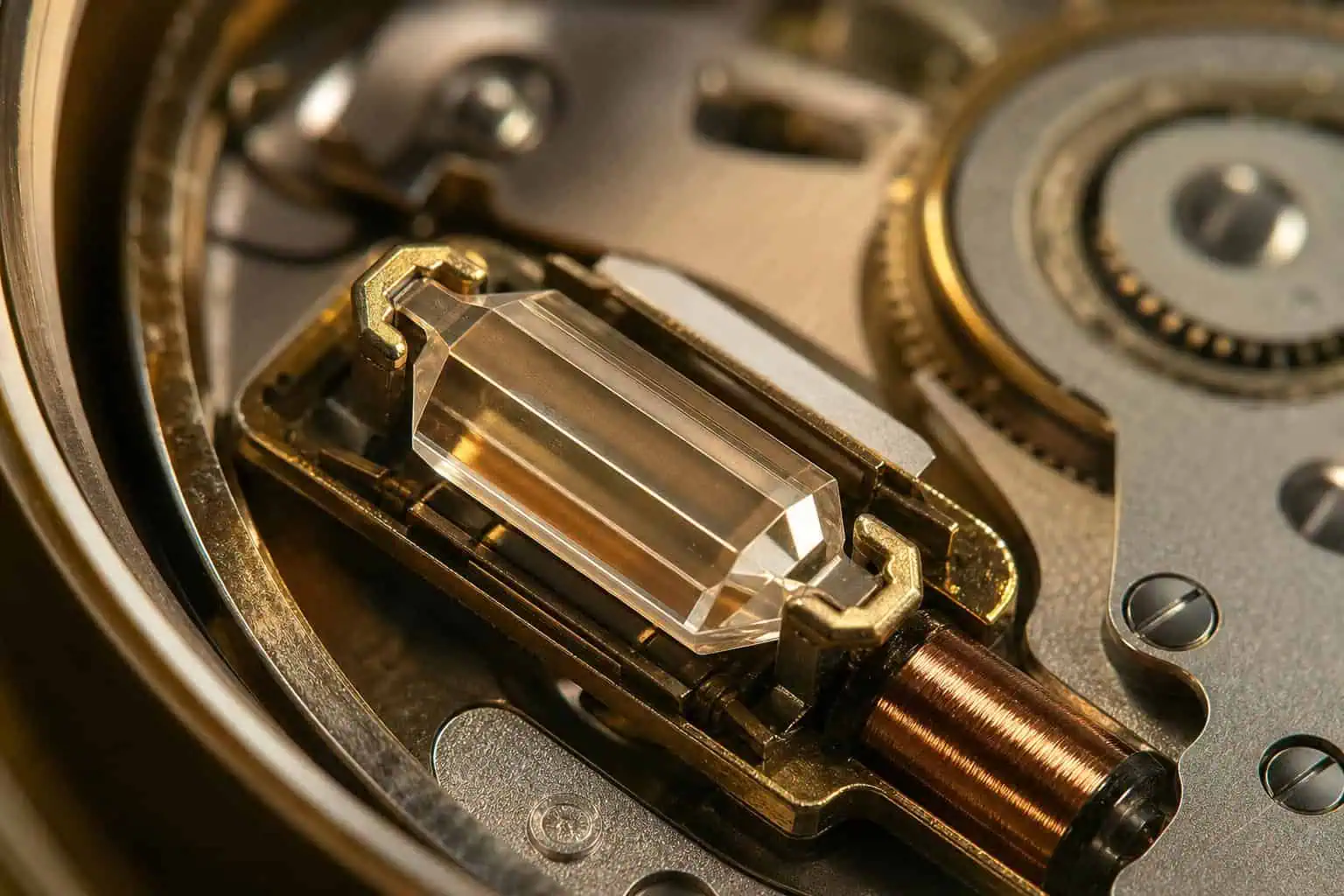 Macro view of a quartz crystal resonator inside a watch movement, the core component for timekeeping accuracy.