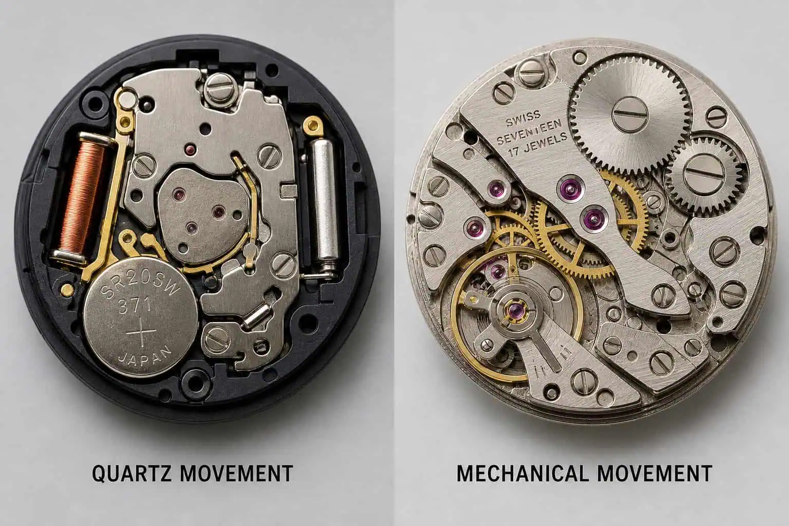Comparison of quartz and mechanical watch movements showing internal mechanisms and gears.