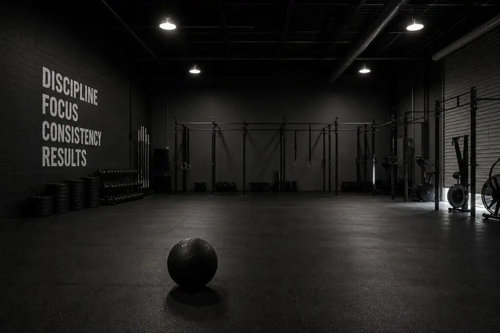 How to Be a Man: Why Kindness, Not Toughness, Is the Metric of Maturity 5 Empty gym space featuring workout equipment, a medicine ball, and motivational words like discipline, focus, consistency, and results on the wall, ideal for fitness enthusiasts and training.