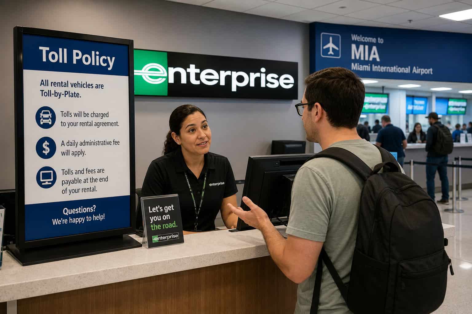 Rental car counter at Miami airport with a customer asking about toll policy.