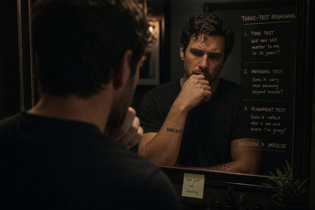 A man with dark hair and a beard gazes into a mirror, contemplating his reflection in a dimly lit room with a blackboard in the background.