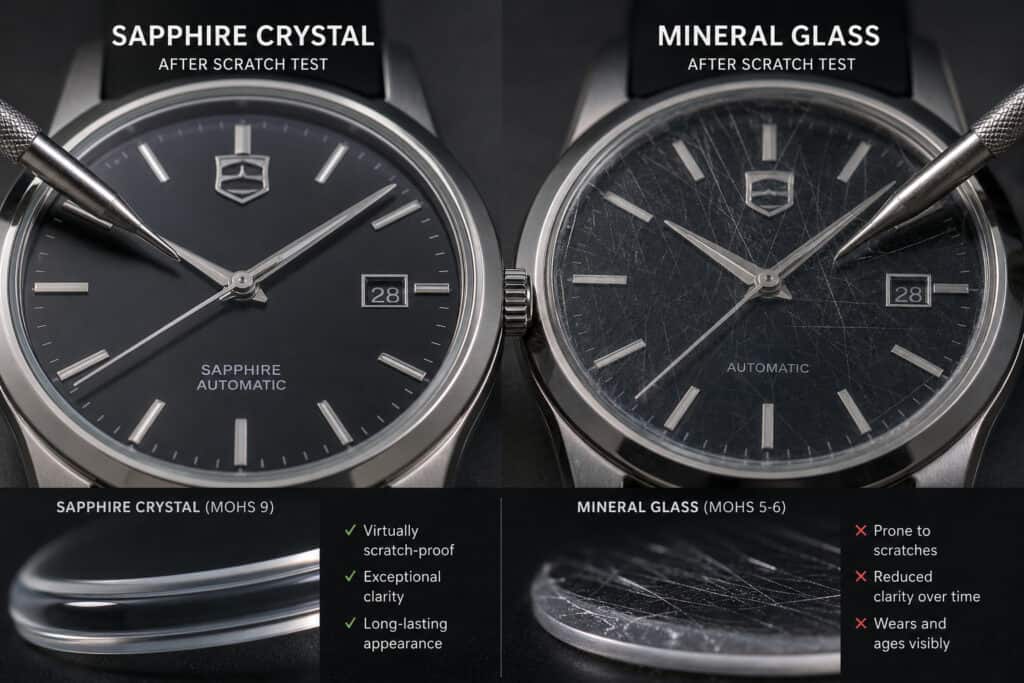 Close-up of two luxury watches showing sapphire crystal and mineral glass after scratch tests, highlighting differences in durability and appearance.