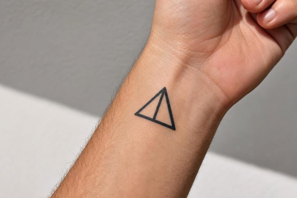 Simple black triangle tattoo on a person's wrist, showcasing minimalist body art design.