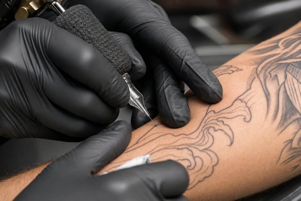 Tattoo artist in black gloves meticulously ink a detailed line tattoo on a client's arm.