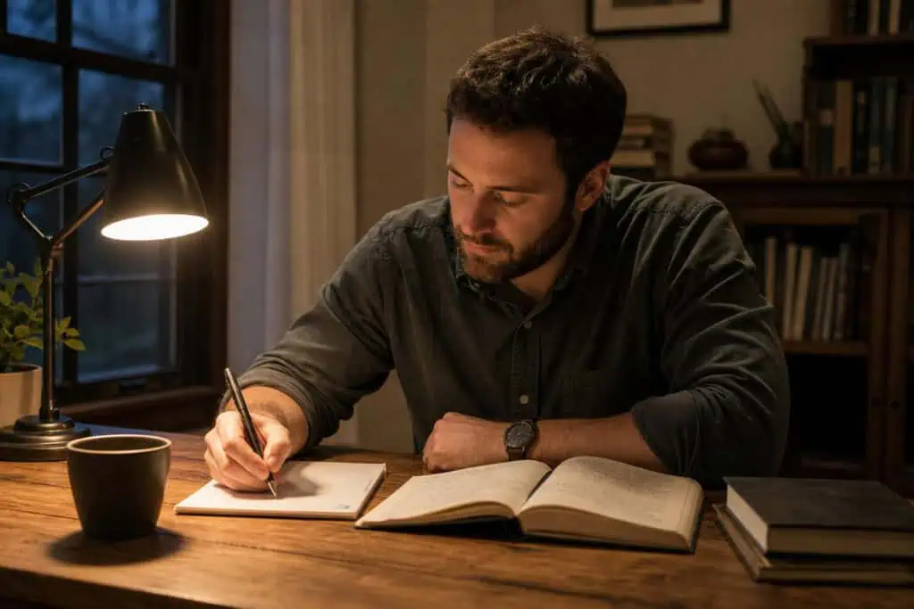 A man with dark hair and beard studying at a wooden desk in a cozy, warmly lit room with bookshelves and a window.