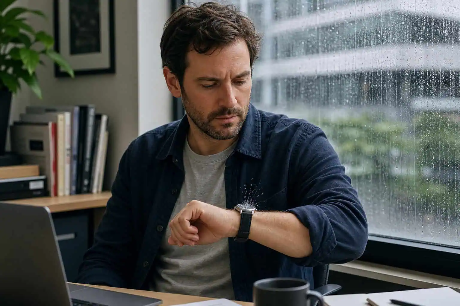 Man checking his water-resistant watch after a splash, illustrating 3 ATM water resistance limits.
