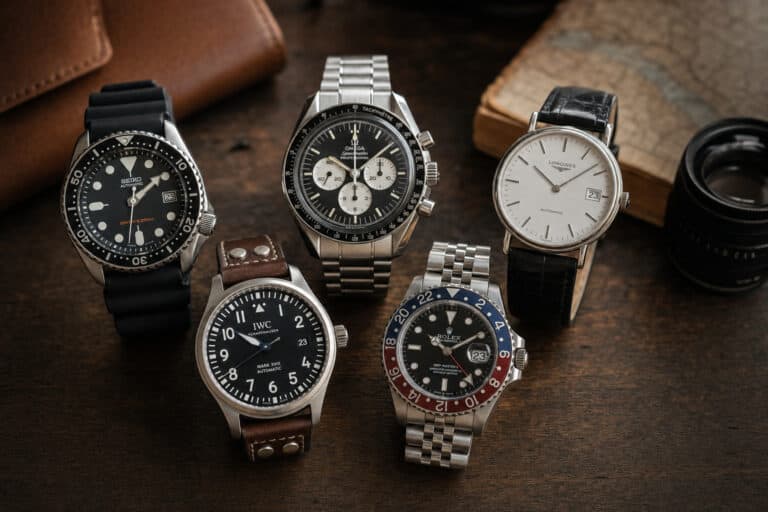 A diverse collection of luxury wristwatches including diver, chronograph, and dress watches displayed on a wooden surface with a camera lens and notebook in the background.