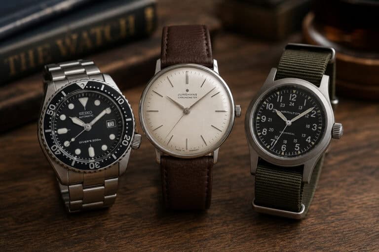 Collection of three vintage and modern wristwatches with different designs and straps on a wooden surface.