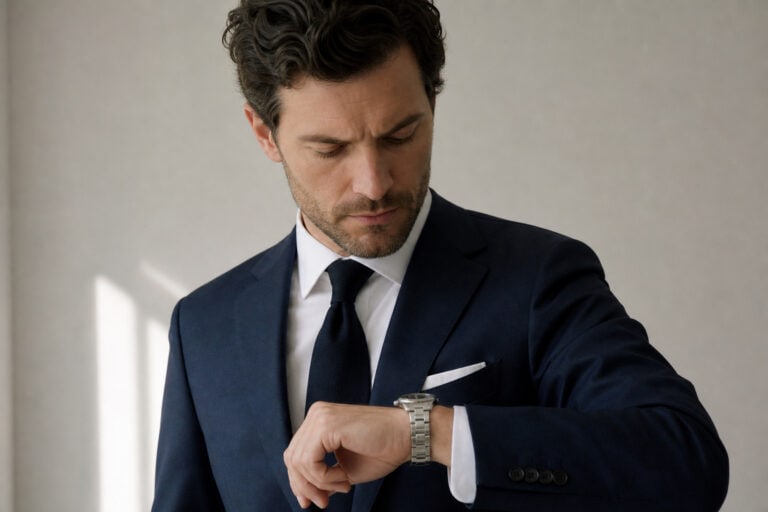 Professional man in a navy suit looking at his wristwatch, emphasizing punctuality and style for business or formal occasions.